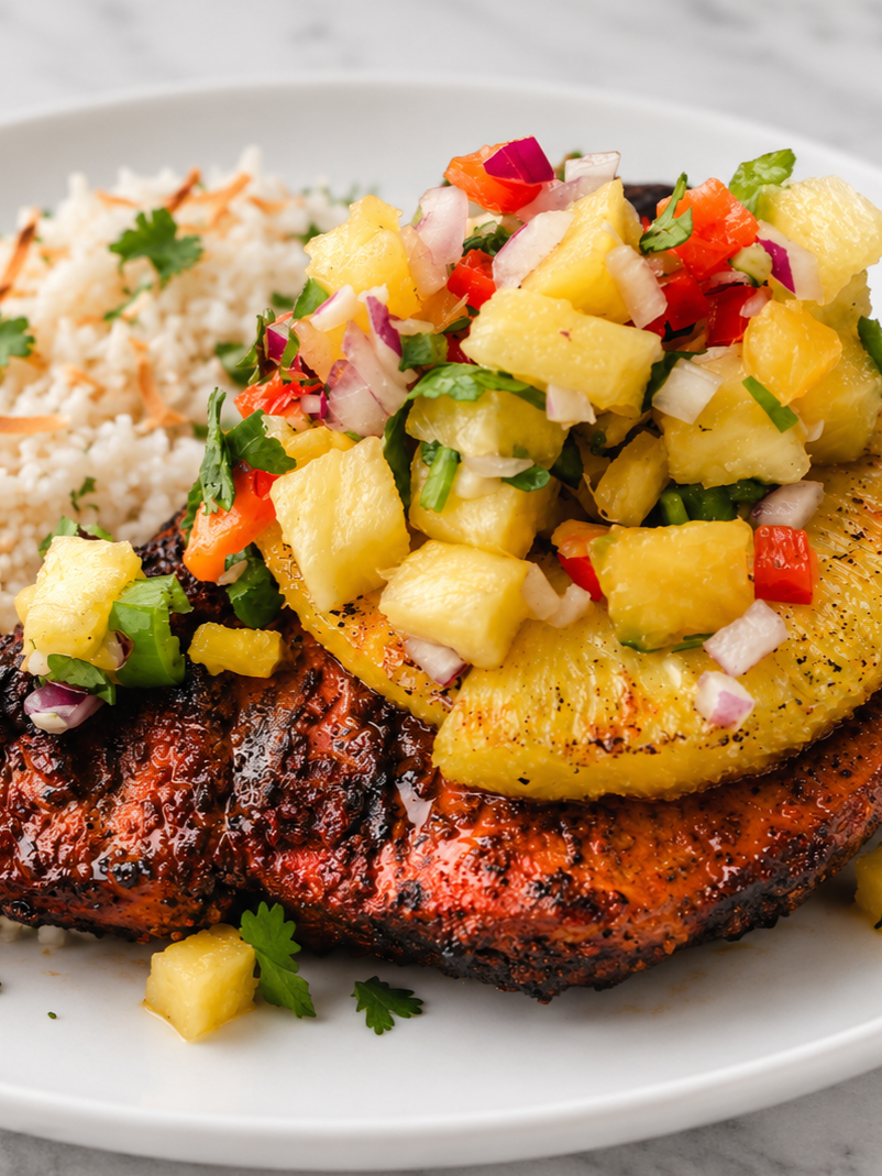 This Jerk Chicken Pineapple Bowl is a Bahama Breeze copycat recipe made with juicy Jamaican jerk chicken, creamy coconut rice, and fresh pineapple salsa for an easy tropical-inspired dinner.