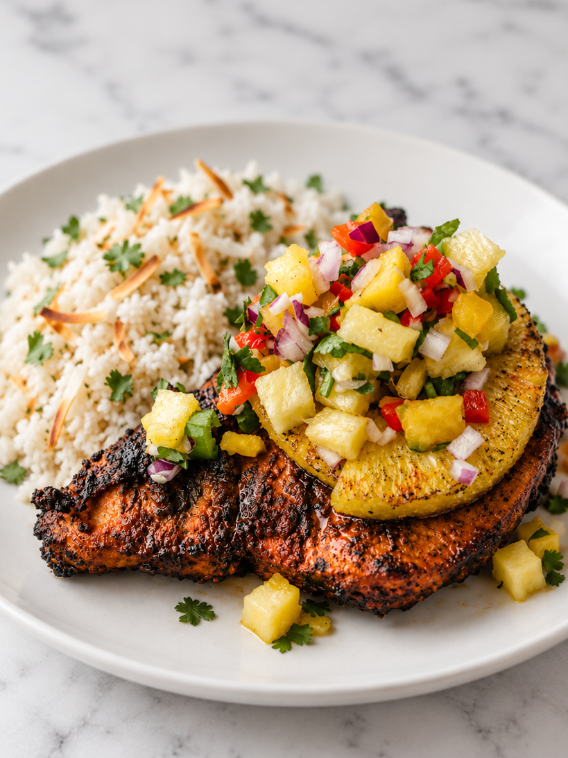 This Jerk Chicken Pineapple Bowl is a Bahama Breeze copycat recipe made with juicy Jamaican jerk chicken, creamy coconut rice, and fresh pineapple salsa for an easy tropical-inspired dinner.