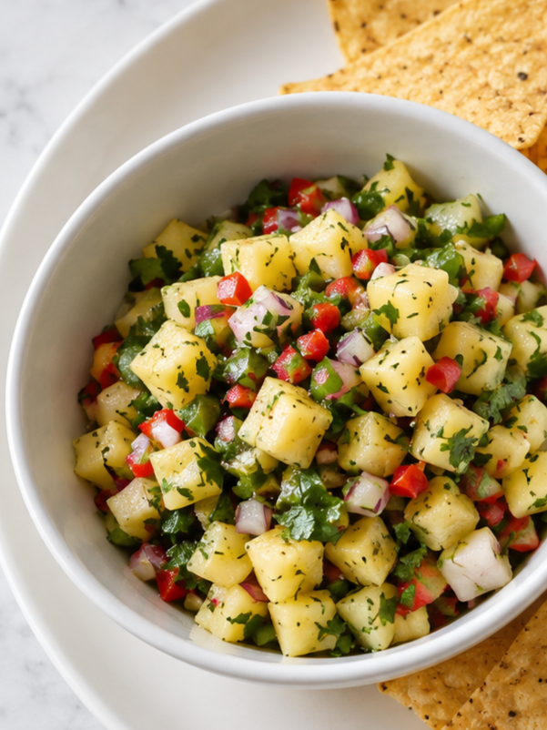 This Jerk Chicken Pineapple Bowl is a Bahama Breeze copycat recipe made with juicy Jamaican jerk chicken, creamy coconut rice, and fresh pineapple salsa for an easy tropical-inspired dinner.