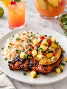 This Jerk Chicken Pineapple Bowl is a Bahama Breeze copycat recipe made with juicy Jamaican jerk chicken, creamy coconut rice, and fresh pineapple salsa for an easy tropical-inspired dinner.