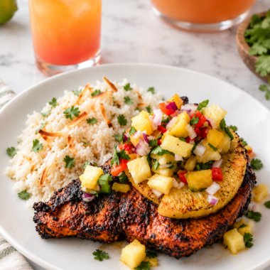 This Jerk Chicken Pineapple Bowl is a Bahama Breeze copycat recipe made with juicy Jamaican jerk chicken, creamy coconut rice, and fresh pineapple salsa for an easy tropical-inspired dinner.