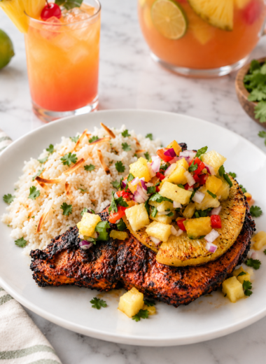 This Jerk Chicken Pineapple Bowl is a Bahama Breeze copycat recipe made with juicy Jamaican jerk chicken, creamy coconut rice, and fresh pineapple salsa for an easy tropical-inspired dinner.