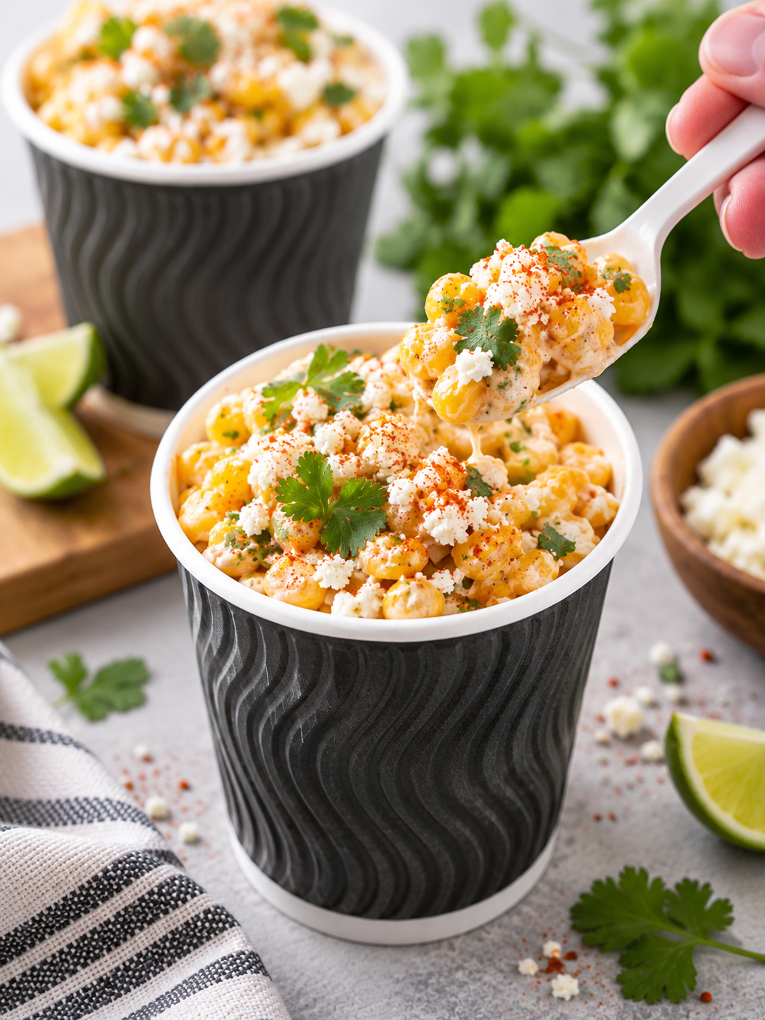 Mexican Street Corn (elote) is a delicious snack made with sweet corn covered with spicy seasoning, fresh lime juice, creamy Mexican crema, and cotija cheese.