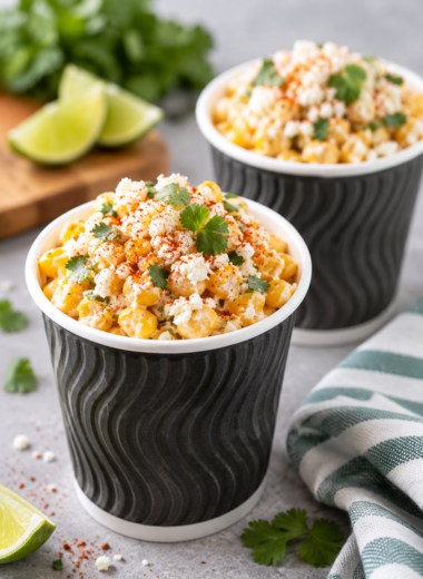 Mexican Street Corn (elote) is a delicious snack made with sweet corn covered with spicy seasoning, fresh lime juice, creamy Mexican crema, and cotija cheese.