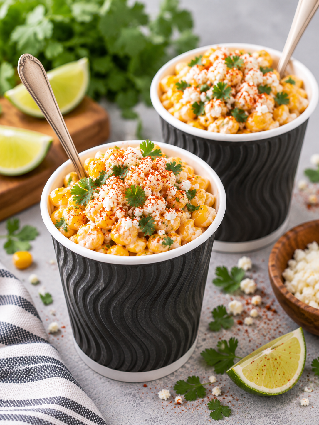 Mexican Street Corn (elote) is a delicious snack made with sweet corn covered with spicy seasoning, fresh lime juice, creamy Mexican crema, and cotija cheese.