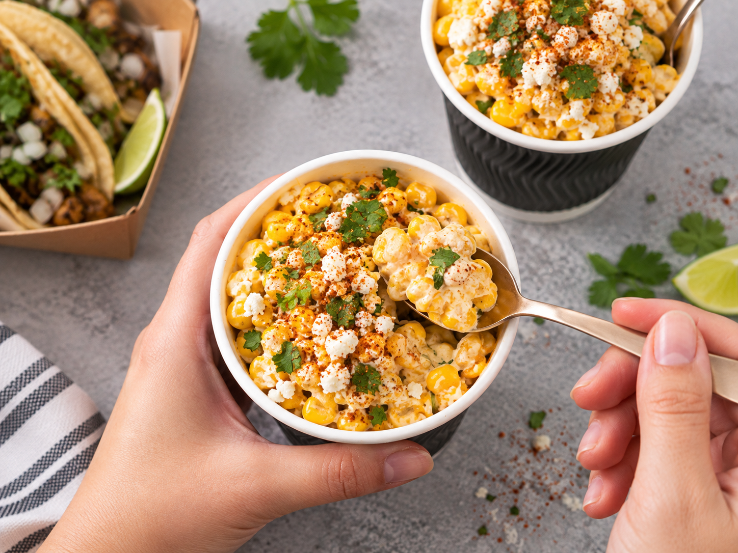 Mexican Street Corn (elote) is a delicious snack made with sweet corn covered with spicy seasoning, fresh lime juice, creamy Mexican crema, and cotija cheese.
