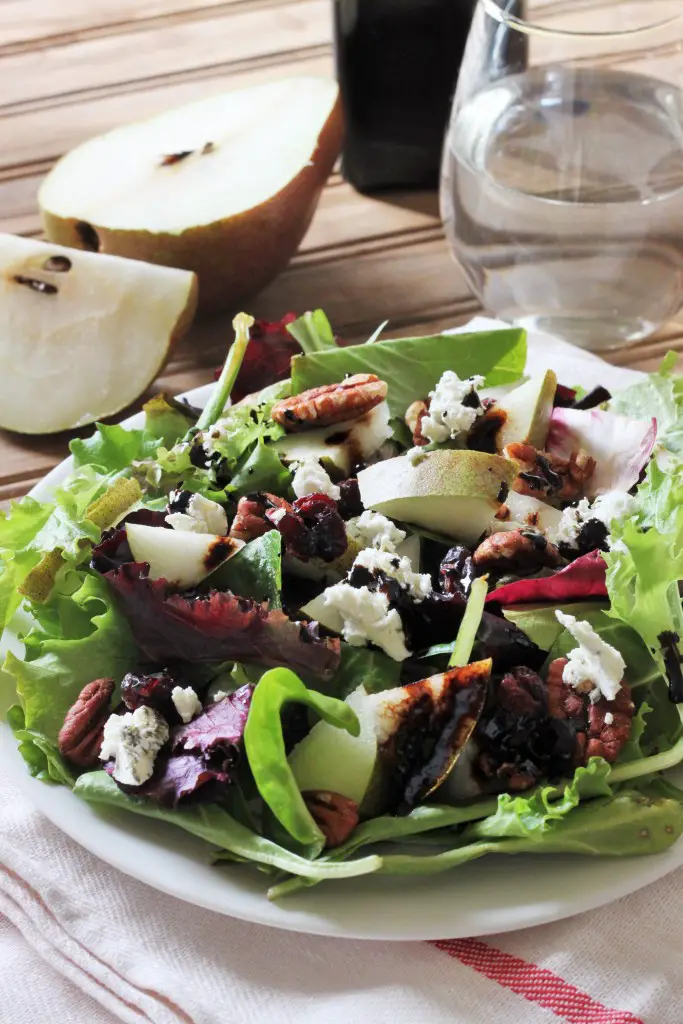 Goat Cheese, Pear, Pecan, and Cranberry Salad with Reduced Balsamic Vinaigrette-1