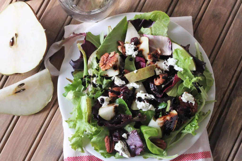 Goat Cheese, Pear, Pecan, and Cranberry Salad with Reduced Balsamic Vinaigrette-3