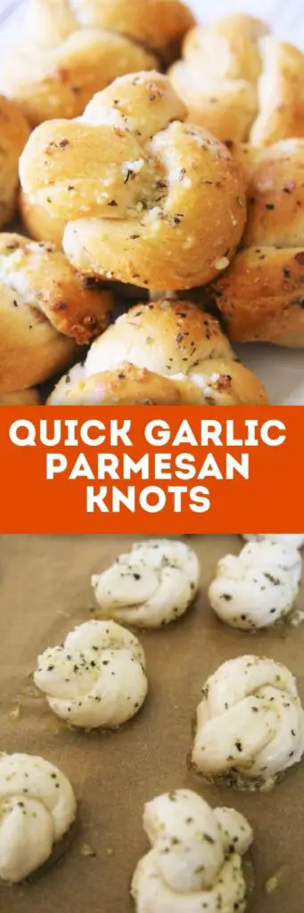 These Quick Garlic Parmesan Knots are made in under 30 minutes – plus, no rising required using storebought buttermilk biscuit dough!