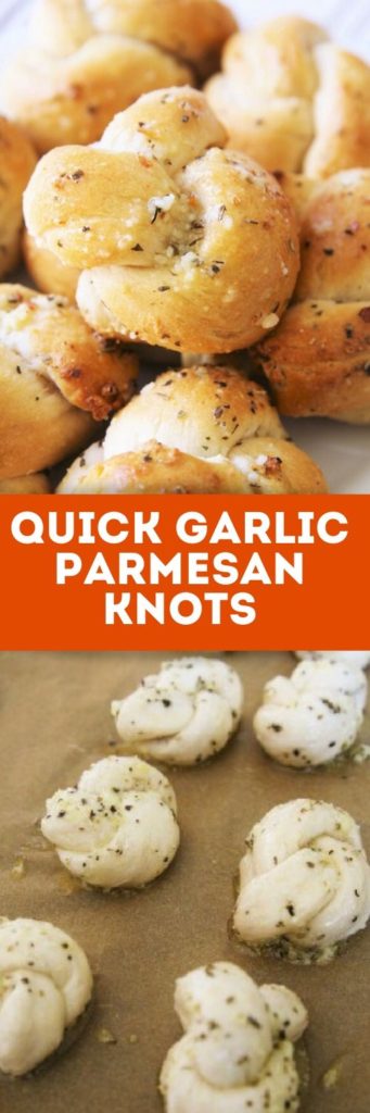 These Quick Garlic Parmesan Knots are made in under 30 minutes – plus, no rising required using storebought buttermilk biscuit dough!