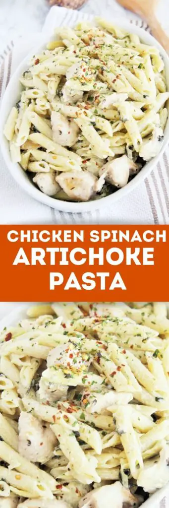 One-skillet pasta dish with chicken, spinach, and artichoke coated with a creamy alfredo-style sauce.