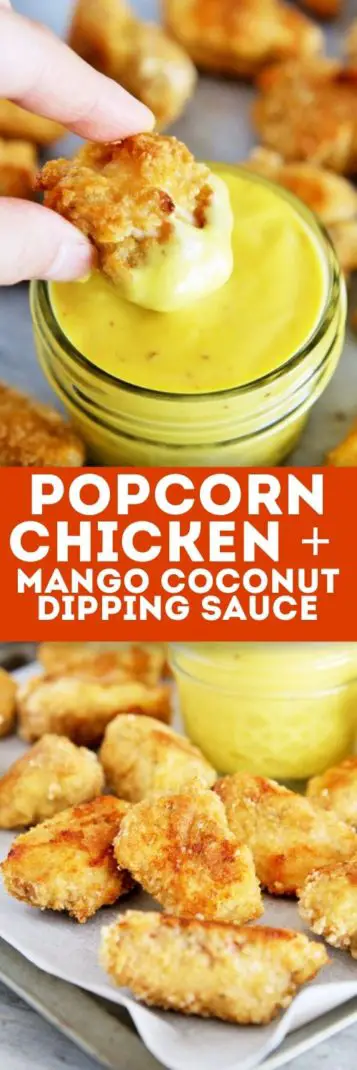 Popcorn Chicken with Mango Coconut Dipping Sauce is a delicious appetizer to share with friends and family for game day tailgating parties! 