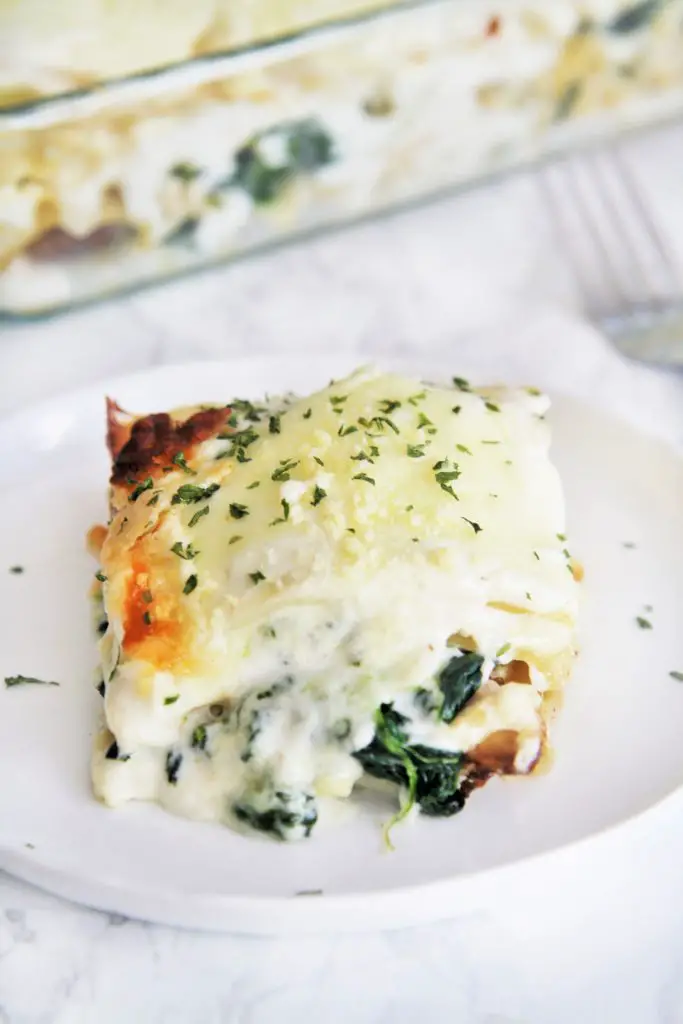 Cheesy, satisfying lasagna casserole made with chicken and spinach layered between lasagna noodles and creamy white sauce.