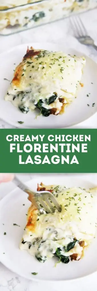 Creamy Chicken Florentine Lasagna is a cheesy, satisfying casserole made with chicken and spinach layered between lasagna noodles and creamy alfredo sauce.