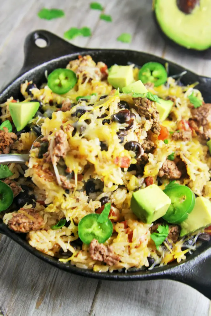 This easy, delicious beef burrito rice skillet is the perfect one-pan dish and sure to be a hit at your next fiesta or weeknight dinner.