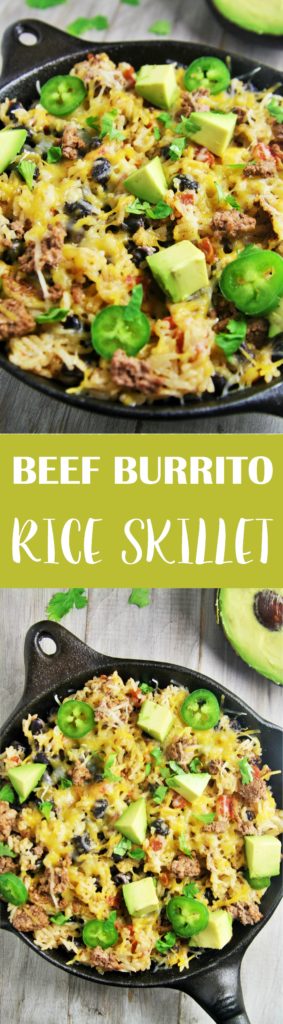 This easy, delicious rice skillet filled with burrito ingredients is sure to be a hit at your next fiesta or weeknight dinner.