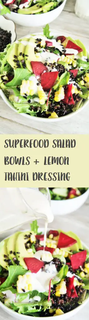 This delicious salad is loaded with superfood ingredients such as avocado, corn, beets, and baby spinach tossed in a creamy lemon tahini dressing - light yet hearty enough for lunch or dinner!