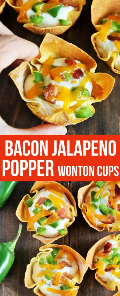 These crispy Bacon Jalapeno Popper Wonton Cups with creamy, cheesy, and spicy filling are an easy appetizer and make the perfect game day bite! 
