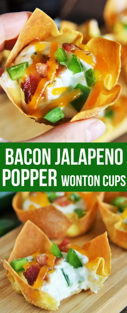 These crispy Bacon Jalapeno Popper Wonton Cups with creamy, cheesy, and spicy filling are an easy appetizer and make the perfect game day bite! 