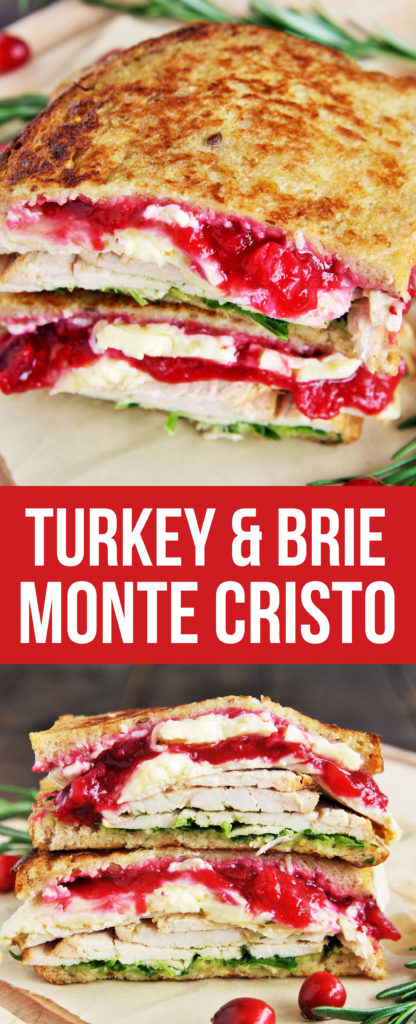 This Turkey and Brie Monte Cristo Sandwich is made with flavorful turkey breast, brie, cranberry sauce, and arugula - use up all those Thanksgiving leftovers or enjoy this all year round!