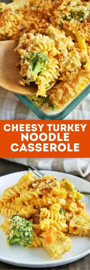 This Cheesy Turkey Noodle Casserole is creamy and hearty - full of veggies, diced turkey, cheddar cheese and pasta with a crunchy, buttery cracker topping!