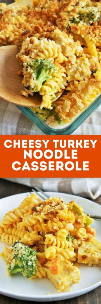 This Cheesy Turkey Noodle Casserole is creamy and hearty - full of veggies, diced turkey, cheddar cheese and pasta with a crunchy, buttery cracker topping!