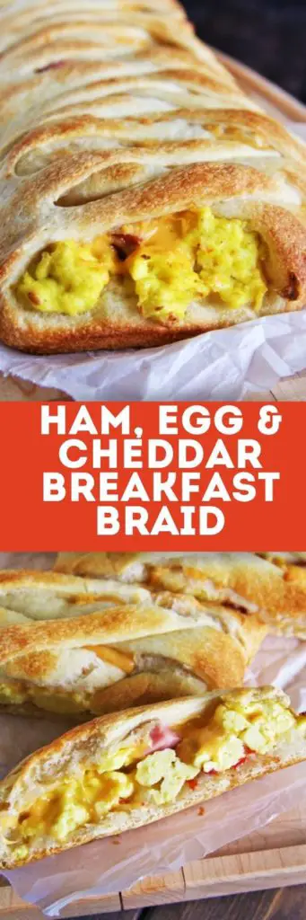 This Ham, Egg, and Cheddar Breakfast Braid is loaded with scrambled eggs, diced ham, peppers, and lots of cheese - perfect for serving a crowd!