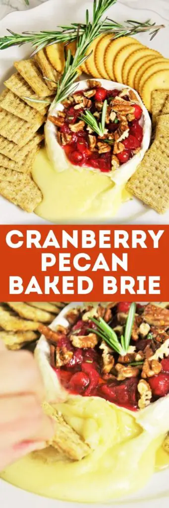 Warm, gooey baked brie topped with tart cranberry sauce, roasted pecans, honey and rosemary. This Cranberry Pecan Baked Brie is a truly classic appetizer for any cheese lover!