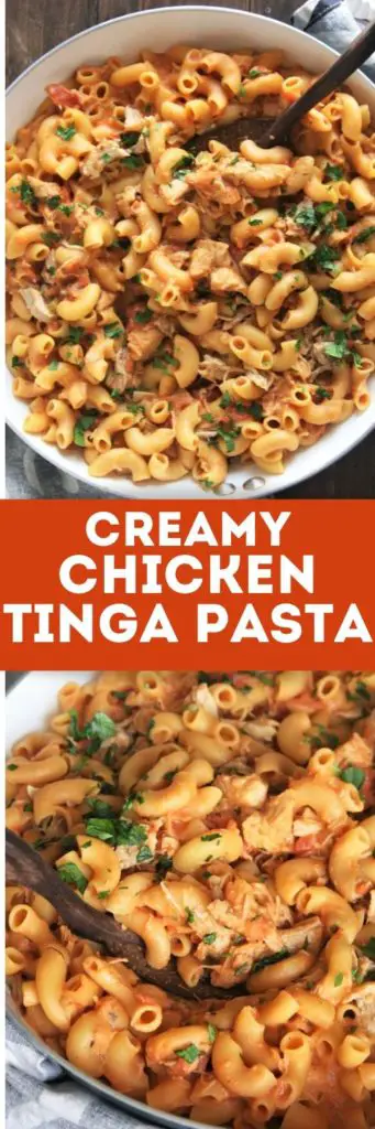 Creamy Chicken Tinga Pasta will be a family favorite! Creamy and zesty tomato sauce, smoky chipotle flavors, and tender chicken make this pasta dish unforgettable!