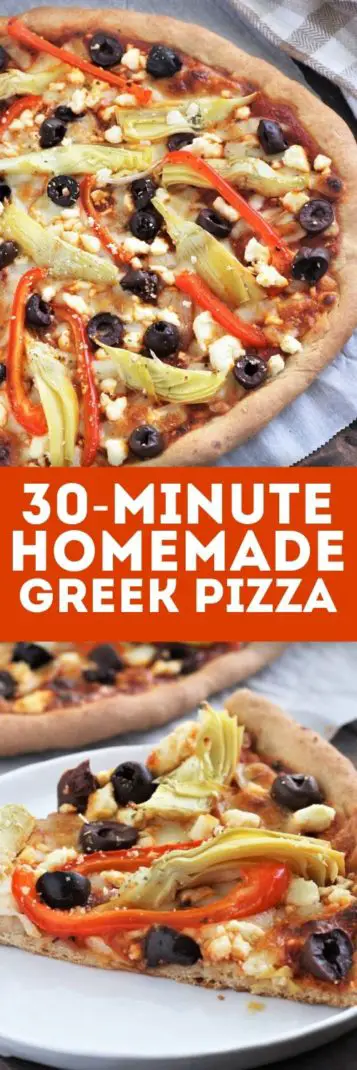 It’s time to shake up your family pizza nights with this mediterranean pizza recipe made with homemade dough and loaded with Greek flavors. Skip the pizza delivery because this delicious Greek Pizza will be done in just 30 minutes!