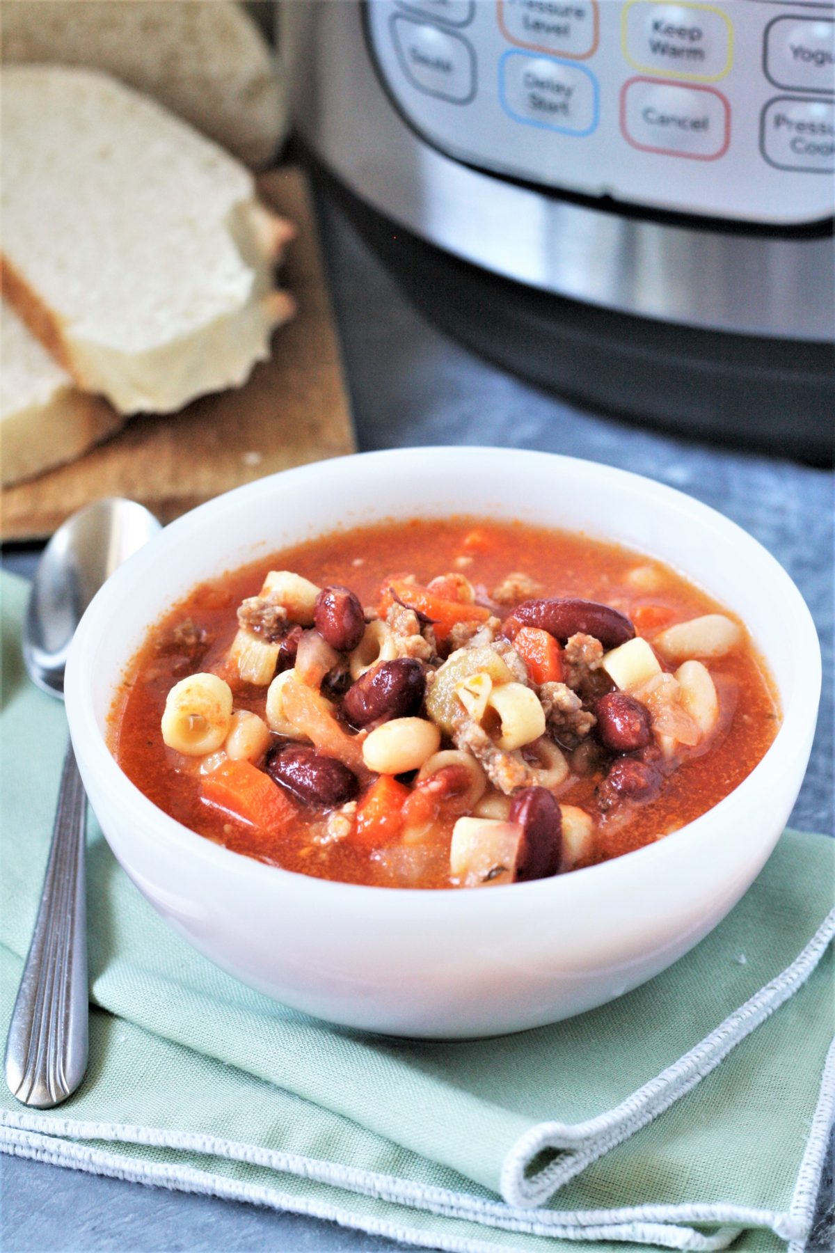 This Instant Pot Pasta E Fagioli is hands down the easiest recipe ever! This delicious soup is made from scratch in one pot, kid-approved, and takes less than 30 minutes to get dinner ready!