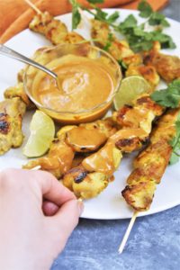 These tender and juicy chicken satay skewers are grilled and served with a creamy Vietnamese peanut sauce for dipping, making it a quick and delicious meal that the whole family will love!