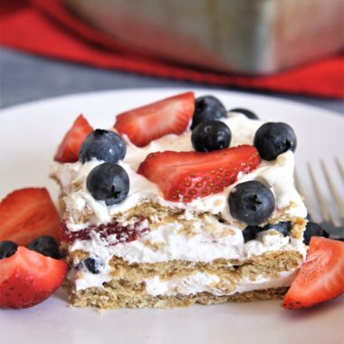 This no-bake Red, White, and Blue Icebox Cake is made with 5 simple ingredients, and is a patriotic dessert perfect for Memorial Day or Fourth of July!