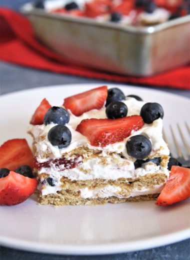 This no-bake Red, White, and Blue Icebox Cake is made with 5 simple ingredients, and is a patriotic dessert perfect for Memorial Day or Fourth of July!