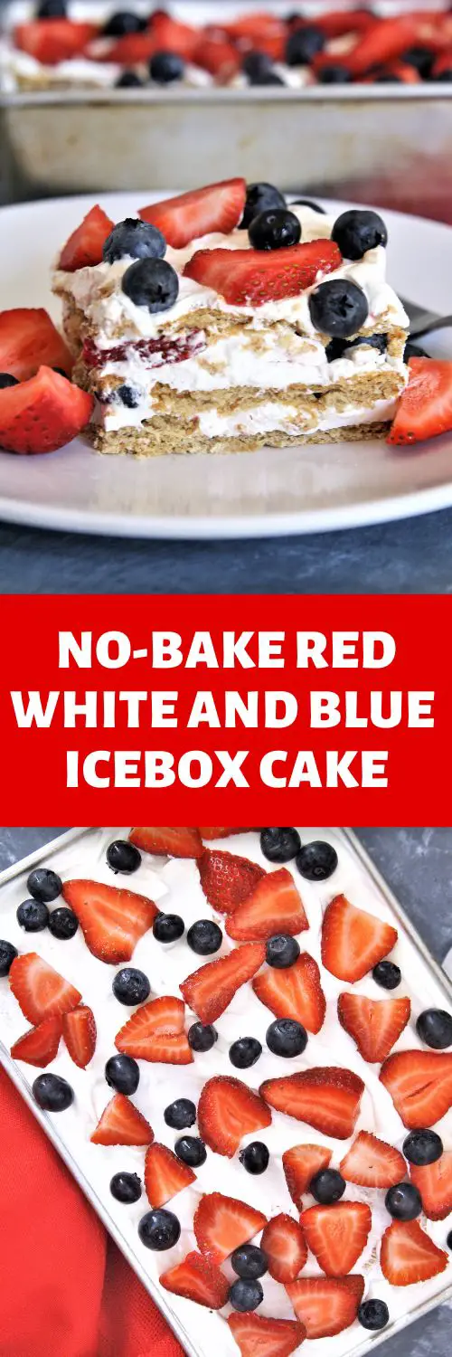 This no-bake Red, White, and Blue Icebox Cake is made with 5 simple ingredients, and is a patriotic dessert perfect for Memorial Day or Fourth of July!