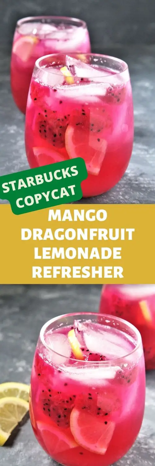Featuring bold tropical flavors, this Starbucks Copycat Mango Dragonfruit Lemonade Refresher is a refreshing drink that you can make at home and enjoy all year round!